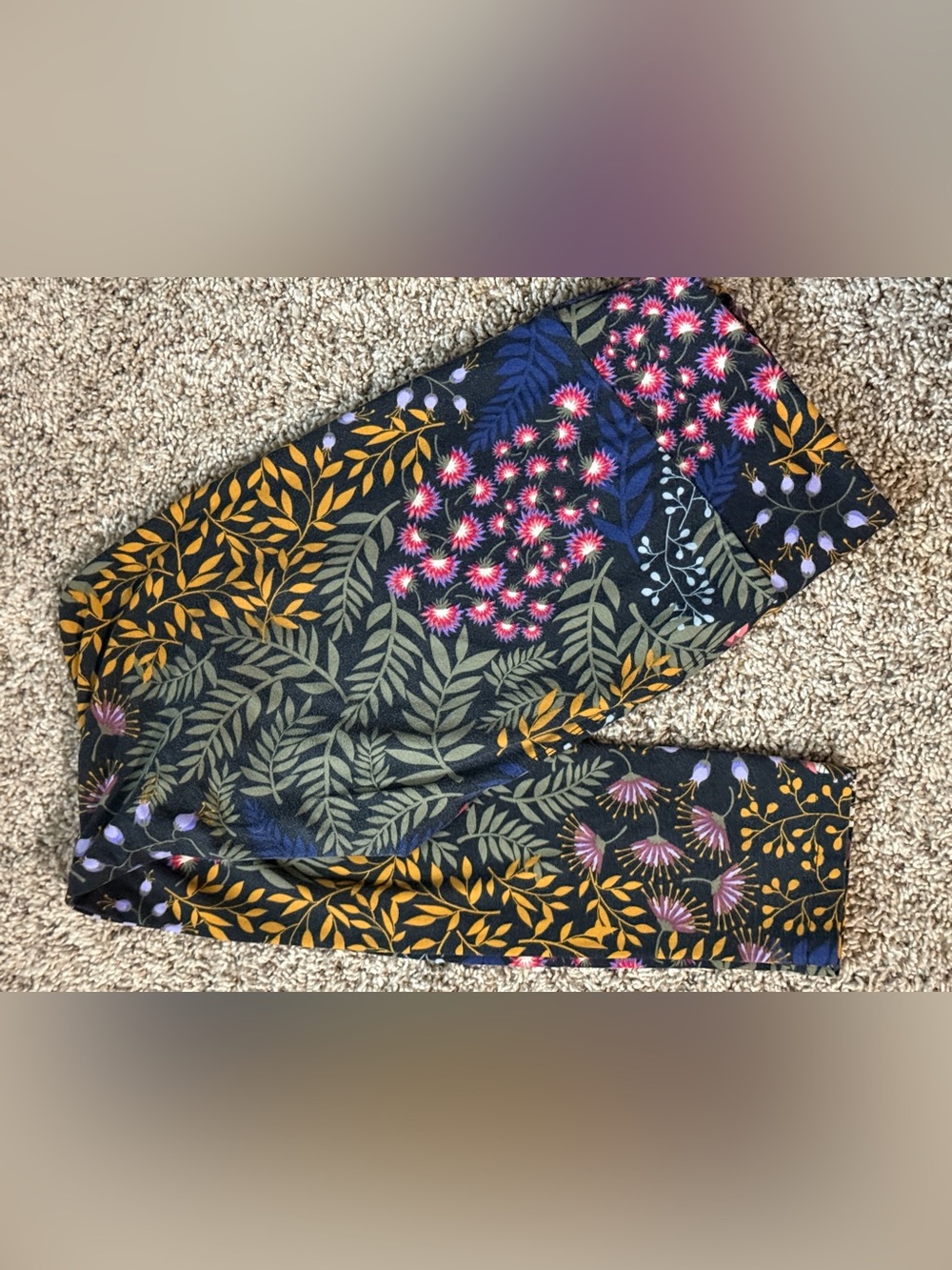 LulaRoe LeggingsFloral Print Black Leggings with Pink & Mustard Botanical Design